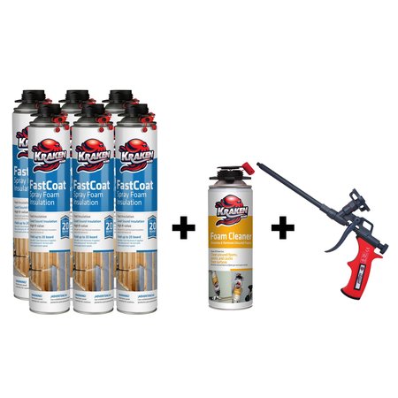 KRAKENBOND Krakenbond FastCoat Insulation Foam Spray, 27.1 oz, 6 Gun Use Cans, 1 Spray Foam Cleaner, 1 Spray Foam Gun, 8PK 6FC1FGC1SG